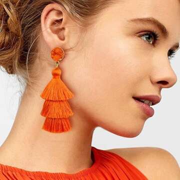 Me&Hz Orange Tassel Earrrings Layered Fringe Dangle Orange Earrings for Women Trendy Statement Orange Drop Earrings Halloween Costume Jewelry Fun Thanksgiving Earrings Gift