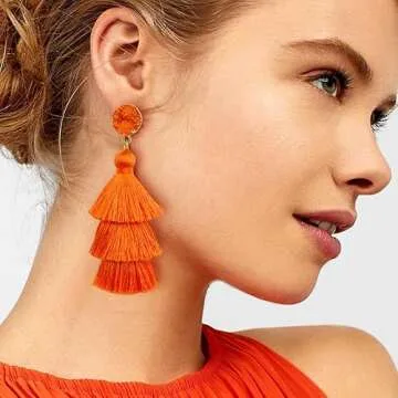 Me&Hz Orange Tassel Earrrings Layered Fringe Dangle Orange Earrings for Women Trendy Statement Orange Drop Earrings Halloween Costume Jewelry Fun Thanksgiving Earrings Gift