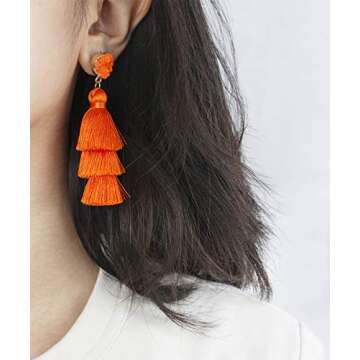 Me&Hz Orange Tassel Earrrings Layered Fringe Dangle Orange Earrings for Women Trendy Statement Orange Drop Earrings Halloween Costume Jewelry Fun Thanksgiving Earrings Gift