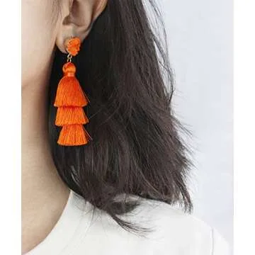 Me&Hz Orange Tassel Earrrings Layered Fringe Dangle Orange Earrings for Women Trendy Statement Orange Drop Earrings Halloween Costume Jewelry Fun Thanksgiving Earrings Gift