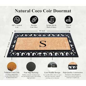 A1HC Natural Coir Monogrammed Door Mat For Front Door, 18x48, Anti-Shed Treated Durable Doormat for Entrance, Heavy Duty, Low Profile, Easy to Clean, Long Lasting Front Porch Entry Doormat