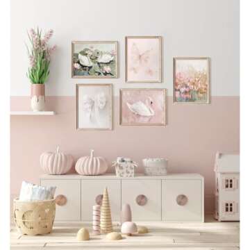 Coquette Pink Wall Art Decor Aesthetic Swan Posters Bow Flower Canvas Wall Art Preppy Cute Pictures Trendy Butterfly Posters Coquette Aesthetic Prints for Girl Dorm Room Bedroom 8x10x5 Inch Unframed