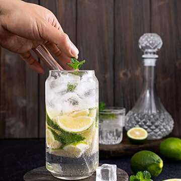 16 oz Beer Can Glasses with Straws and Brush, 4 Pack Can Drinking Glass Cups Reusable Glasses Tumber for Bubble Boba Tea, Soda, Beverage, Cocktail, Iced Coffee