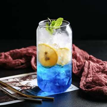 16 oz Beer Can Glasses with Straws and Brush, 4 Pack Can Drinking Glass Cups Reusable Glasses Tumber for Bubble Boba Tea, Soda, Beverage, Cocktail, Iced Coffee