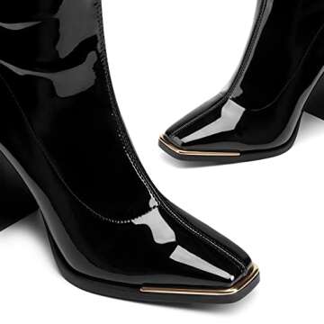 DREAM PAIRS Women's Square Toe Gogo Boots Elastic Ankle Boots High Chunky Block Heel Mid Calf Boots,Size 9,Black/Pu,SDMB2206W