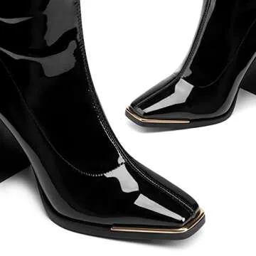 DREAM PAIRS Women's Square Toe Gogo Boots Elastic Ankle Boots High Chunky Block Heel Mid Calf Boots,Size 9,Black/Pu,SDMB2206W