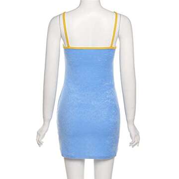Seyurigaoka Patchwork Cami Dresses Y2K Fashion Backless A-line Mini Dress Spaghetti Strape Sleeveless Short Dress Holiday Beach(A1-Patchwork Blue,Small)
