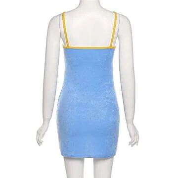 Seyurigaoka Patchwork Cami Dresses Y2K Fashion Backless A-line Mini Dress Spaghetti Strape Sleeveless Short Dress Holiday Beach(A1-Patchwork Blue,Small)