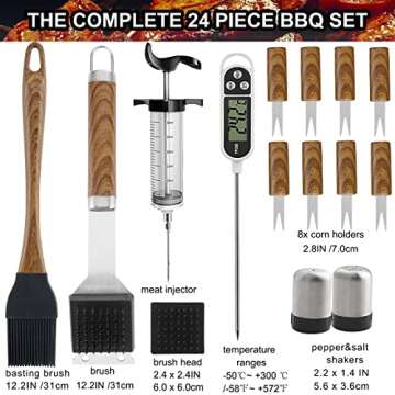 grilljoy 24PCS BBQ Grill Tools Set with Meat Thermometer and Injector - Extra Thick Stainless Steel Fork, Spatula& Tongs - Complete BBQ Accessories in Aluminum Case - Perfect Grill Gifts for Men