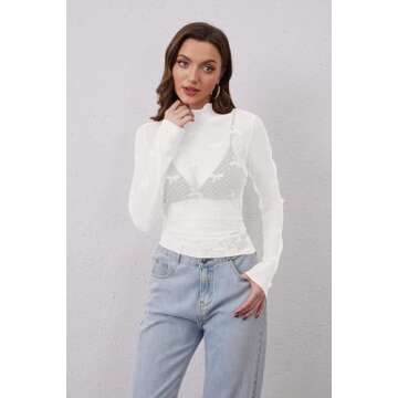 MSBESYOR Women Mesh Long Sleeve Top Sheer Lace Turtleneck Bow Embroidery Layering Shirts Sexy See Th...