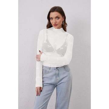 MSBESYOR Women Mesh Long Sleeve Top Sheer Lace Turtleneck Bow Embroidery Layering Shirts Sexy See Through Blouse White