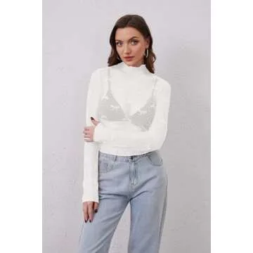 MSBESYOR Women Mesh Long Sleeve Top Sheer Lace Turtleneck Bow Embroidery Layering Shirts Sexy See Through Blouse White