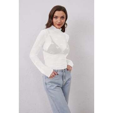 MSBESYOR Women Mesh Long Sleeve Top Sheer Lace Turtleneck Bow Embroidery Layering Shirts Sexy See Through Blouse White