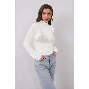 MSBESYOR Women Mesh Long Sleeve Top Sheer Lace Turtleneck Bow Embroidery Layering Shirts Sexy See Through Blouse White