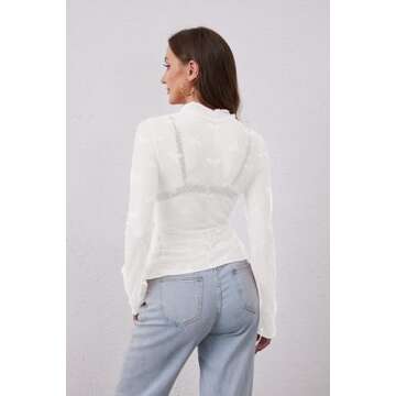 MSBESYOR Women Mesh Long Sleeve Top Sheer Lace Turtleneck Bow Embroidery Layering Shirts Sexy See Through Blouse White