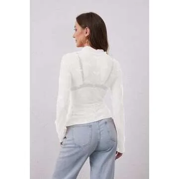 MSBESYOR Women Mesh Long Sleeve Top Sheer Lace Turtleneck Bow Embroidery Layering Shirts Sexy See Through Blouse White