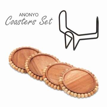 ANONYO 4 Pack Farmhouse Wooden Bead Coasters with Metal Holder for Coffee Table Decor Round Handmade...