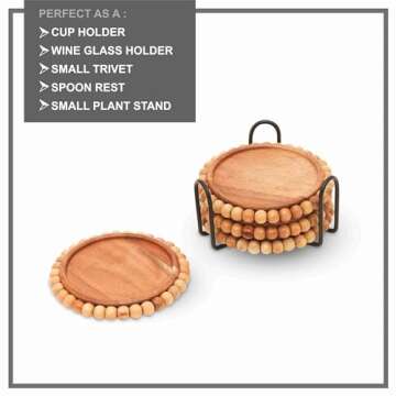 ANONYO 4 Pack Farmhouse Wooden Bead Coasters with Metal Holder for Coffee Table Decor Round Handmade Cup Coasters Set for 4 Acacia Wood Coasters Rustic Cute Coasters for Home Kitchen Table Décor