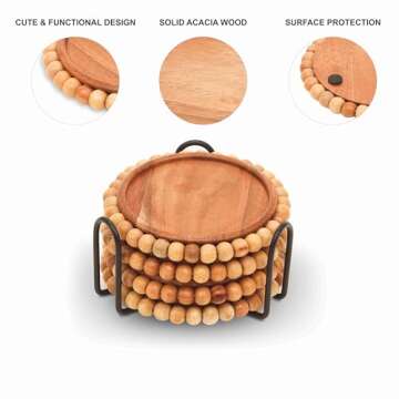 ANONYO 4 Pack Farmhouse Wooden Bead Coasters with Metal Holder for Coffee Table Decor Round Handmade Cup Coasters Set for 4 Acacia Wood Coasters Rustic Cute Coasters for Home Kitchen Table Décor
