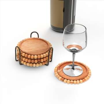 ANONYO 4 Pack Farmhouse Wooden Bead Coasters with Metal Holder for Coffee Table Decor Round Handmade Cup Coasters Set for 4 Acacia Wood Coasters Rustic Cute Coasters for Home Kitchen Table Décor