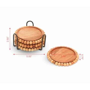ANONYO 4 Pack Farmhouse Wooden Bead Coasters with Metal Holder for Coffee Table Decor Round Handmade Cup Coasters Set for 4 Acacia Wood Coasters Rustic Cute Coasters for Home Kitchen Table Décor