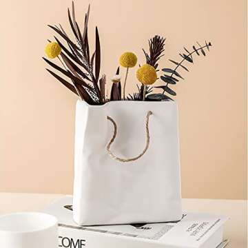Small White Vase, White Ceramic Flower Vase for Centerpieces, Living Room Art Decor, Farmhouse Home Accents - Modern, Unique, Cute, and Fun Boho Tiny Vase with Handbag Paper Purse Bag Design-Meisitai