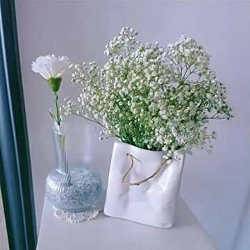 Small White Vase, White Ceramic Flower Vase for Centerpieces, Living Room Art Decor, Farmhouse Home Accents - Modern, Unique, Cute, and Fun Boho Tiny Vase with Handbag Paper Purse Bag Design-Meisitai