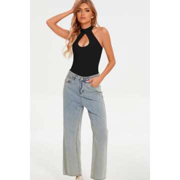 CHYRII Womens Sexy Halter Bodysuit Tops Sexy Cutout Sleeveless Going Out Tops Black M