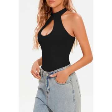 CHYRII Womens Sexy Halter Bodysuit Tops Sexy Cutout Sleeveless Going Out Tops Black M