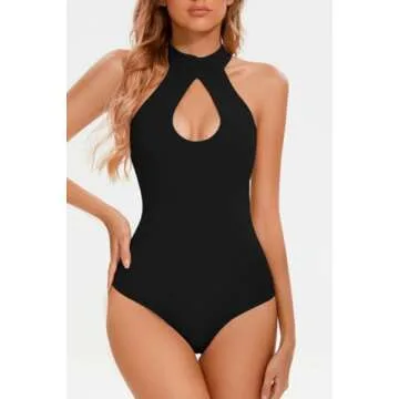 CHYRII Womens Sexy Halter Bodysuit Tops Sexy Cutout Sleeveless Going Out Tops Black M