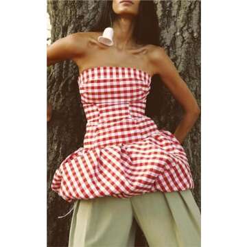 Women Peplum Tube Tops Strapless Ruffle Hem Bubble Bandeau Tops Sleeveless Off Shoulder Puffy Pleate...