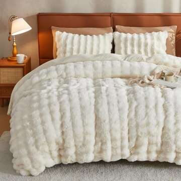 JELLYMONI White Fluffy Duvet Cover Set Queen Size, Luxury Soft Faux Rabbit Fur Comforter Cover, 3 Pi...