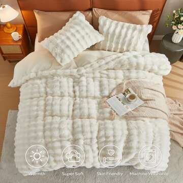 JELLYMONI White Fluffy Duvet Cover Set Queen Size, Luxury Soft Faux Rabbit Fur Comforter Cover, 3 Pieces Cozy Plush Long Shaggy Fluffy Bedding Set with Zipper Closure, Comforter Not Included
