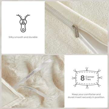 JELLYMONI White Fluffy Duvet Cover Set Queen Size, Luxury Soft Faux Rabbit Fur Comforter Cover, 3 Pieces Cozy Plush Long Shaggy Fluffy Bedding Set with Zipper Closure, Comforter Not Included