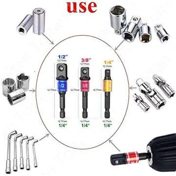 CIGOTU Impact Grade Power Hand Tools Driver Sockets Adapter Extension Set, 3Pcs 1/4 3/8 1/2" Hex Shank Drill Nut Driver Bit Set + 105 Degree Right Angle Driver Extension Screwdriver Drill Attachment