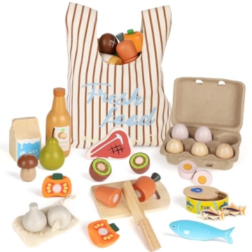 Lehoo Castle Wooden Play Food Sets for Kids Kitchen, Food Toys for Toddlers 3+ Year Old, with Shoppi...