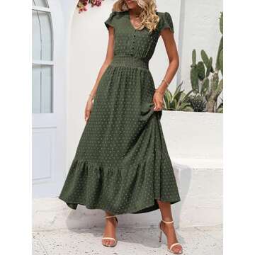 PRETTYGARDEN Womens Dresses 2025 Summer Maxi Dress Boho Short Sleeve V Neck Swiss Dot Ruffle Tiered Smocked Flowy Long Dress