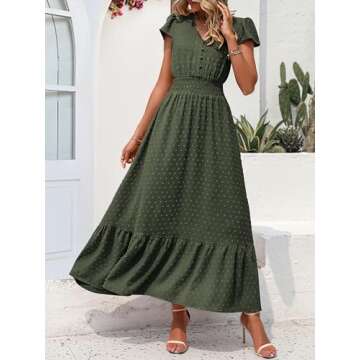 PRETTYGARDEN Womens Dresses 2025 Summer Maxi Dress Boho Short Sleeve V Neck Swiss Dot Ruffle Tiered Smocked Flowy Long Dress