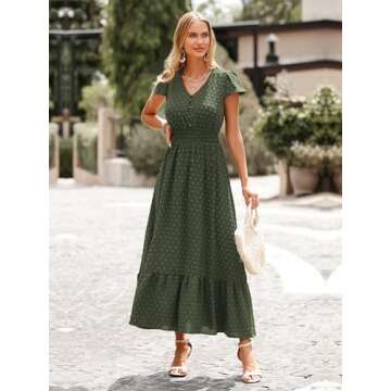PRETTYGARDEN Womens Dresses 2025 Summer Maxi Dress Boho Short Sleeve V Neck Swiss Dot Ruffle Tiered Smocked Flowy Long Dress