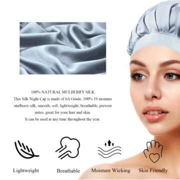 100% Mulberry Silk Bonnet, Natural 19 Momme Silk Night Cap Hair Bonnet Sleeping Silk Sleep Hat for W...