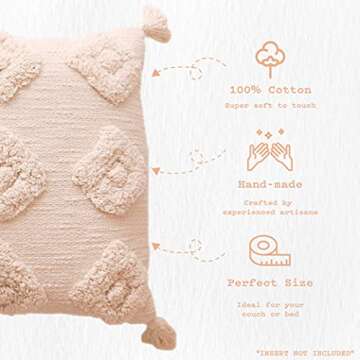 Banilla Set of 2 Bohemian Decorative Throw Pillow Covers 18x18 | 100% Cotton Boho Pillow Covers Perfect for Bed or Couch | Hand Tufted Diamond Design with Tassels | Natural White Decorative Pillows