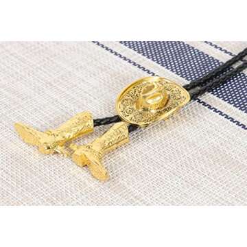 Bolo Ties for Men Western - 3D Cowboy Hat Bolo Tie Design with Vintage Cowboy Boots Bolo Tie Western Bolotie Cowboy Bola Tie (Gold Cowboy Hat Tie)