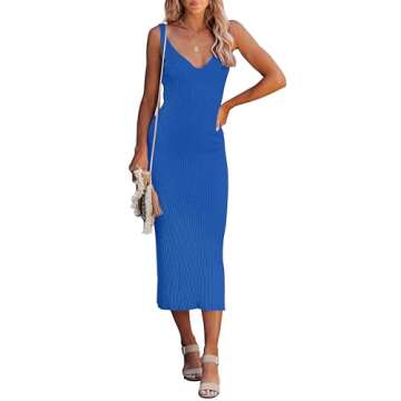 MEROKEETY Womens 2025 Summer V Neck Tank Midi Dress Sleeveless Ribbed Knit Sweater Dresses,Blue,M