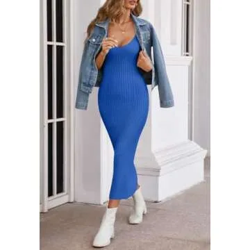 MEROKEETY Womens 2025 Summer V Neck Tank Midi Dress Sleeveless Ribbed Knit Sweater Dresses,Blue,M