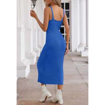 MEROKEETY Womens 2025 Summer V Neck Tank Midi Dress Sleeveless Ribbed Knit Sweater Dresses,Blue,M