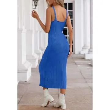 MEROKEETY Womens 2025 Summer V Neck Tank Midi Dress Sleeveless Ribbed Knit Sweater Dresses,Blue,M