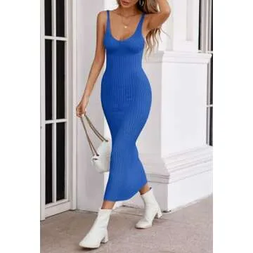 MEROKEETY Womens 2025 Summer V Neck Tank Midi Dress Sleeveless Ribbed Knit Sweater Dresses,Blue,M