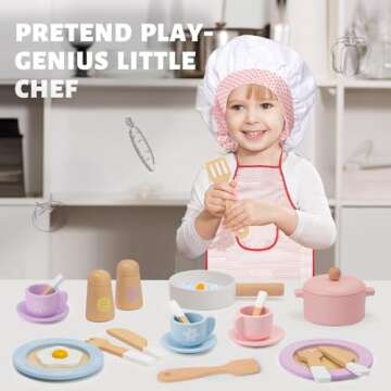 Frogprin 30 PCS Wooden Toy Plates and Dishes for Kids, Play Kitchen Accessories Set, Pretend Play Fo...