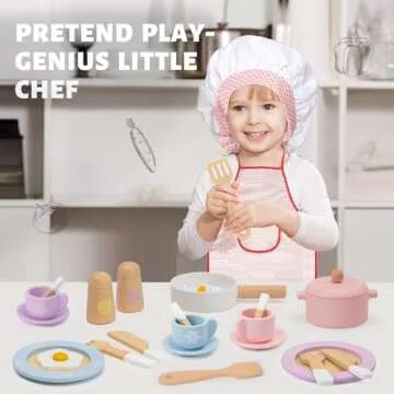 Frogprin 30 PCS Wooden Toy Plates and Dishes for Kids, Play Kitchen Accessories Set, Pretend Play Fo...