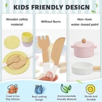 Frogprin 30 PCS Wooden Toy Plates and Dishes for Kids, Play Kitchen Accessories Set, Pretend Play Food Sets for Children Kitchen, Montessori Toys for Girls and Boys